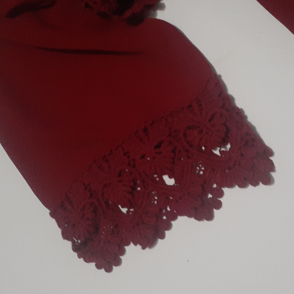 Umgee Red Baby Doll Dress Empire Waist Off the Shoulder Lace Maroon Peasant L - Picture 3 of 13